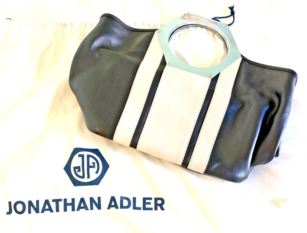 Jonathan Adler Goldie Silver Hex Handle Large Tote Bag in Black & Ivory
